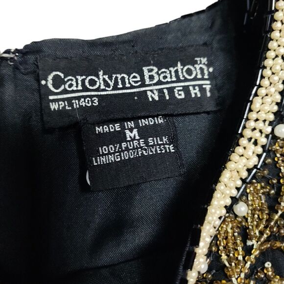 VTG Carolyne Barton Night pure silk Black Gold beaded 3/4 sleeve dress size M - Picture 8 of 10